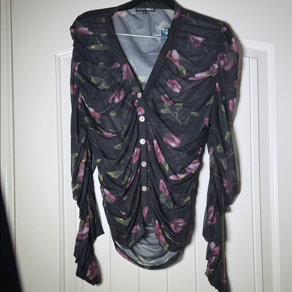 Fashion Nova Black and Pink Floral Blouse